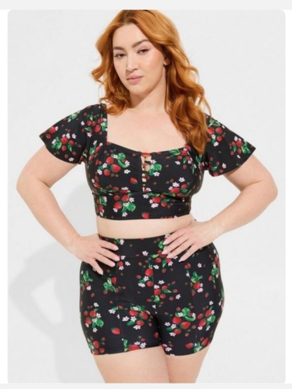 Torrid wireless flutter sleeve black Strawberry Print Bikini Retro Chic